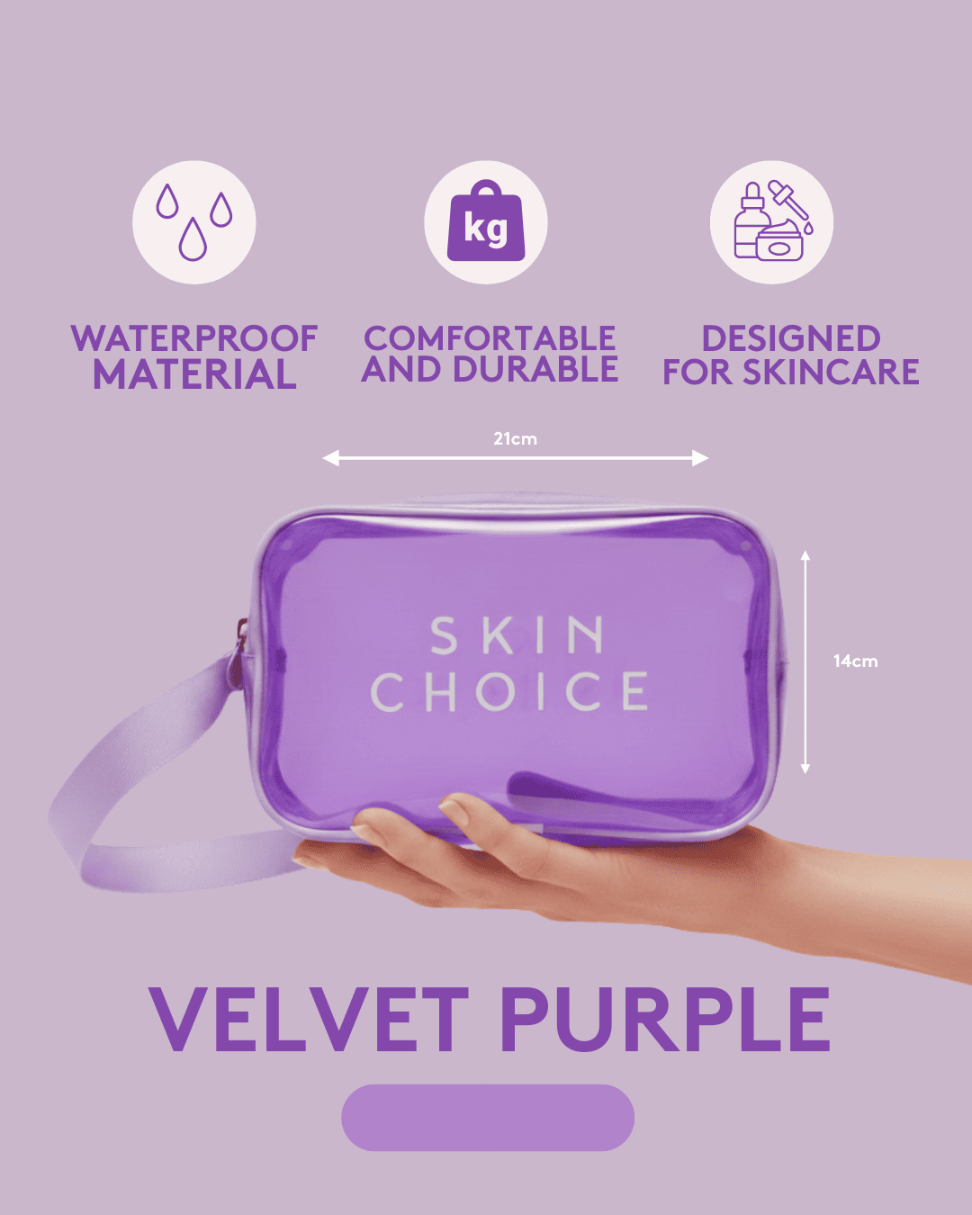 Velvet purple waterproof skincare bag, 21x14cm, comfortable & durable for acne patches and beauty essentials